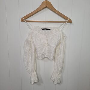Zara Cropped Coquette Top Womens Size XS Ivory White Eyelet Boho